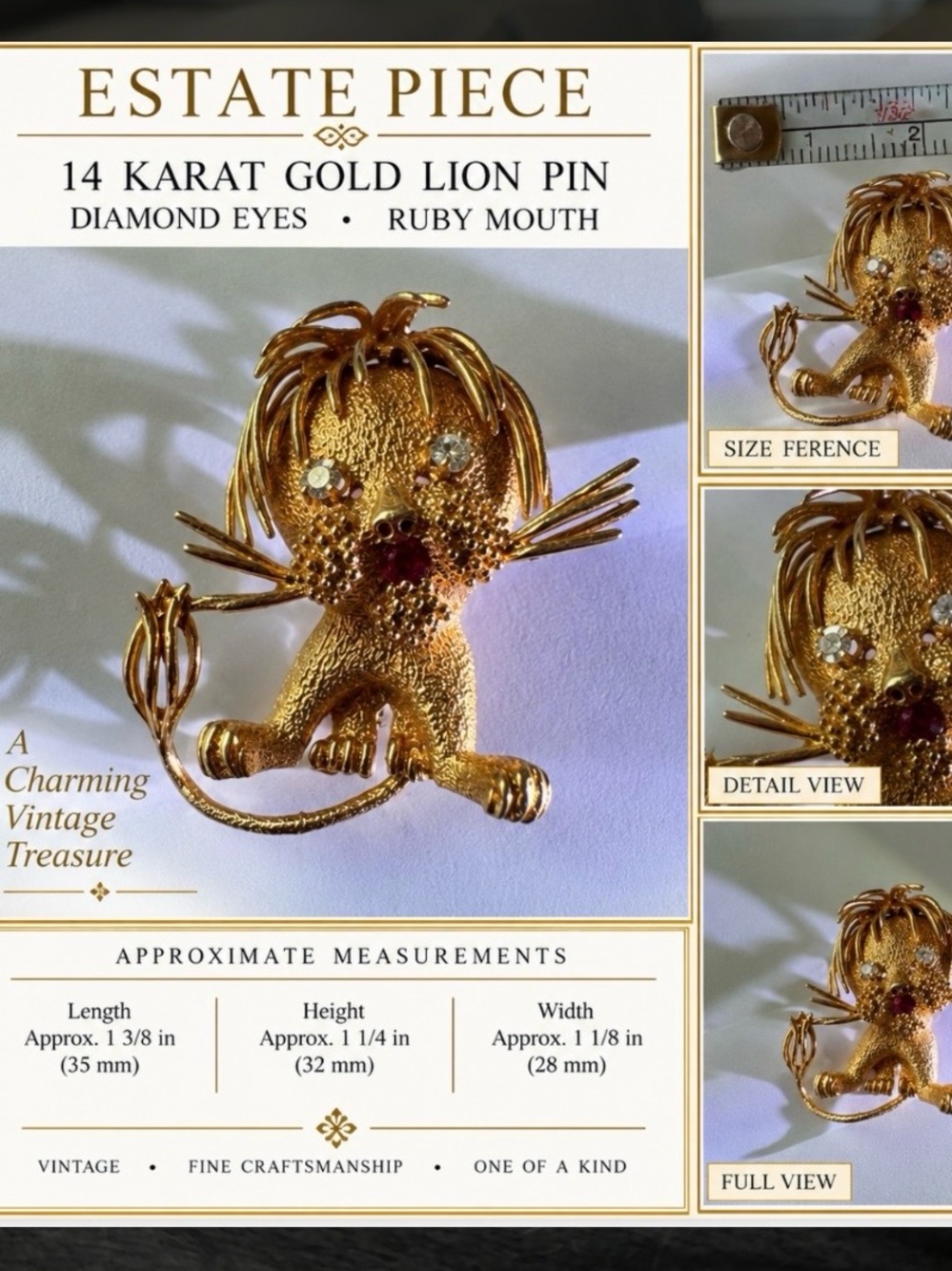 14K Gold Lion Brooch Pin with Diamond Eyes and Ruby Accent - Gold Lion Brooch